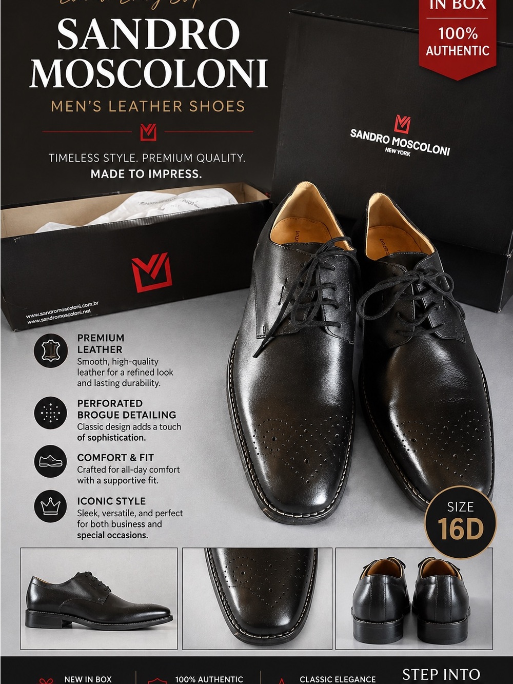 Sandro Moscoloni Men’s Black Leather Dress Shoes - Size 16D NIB